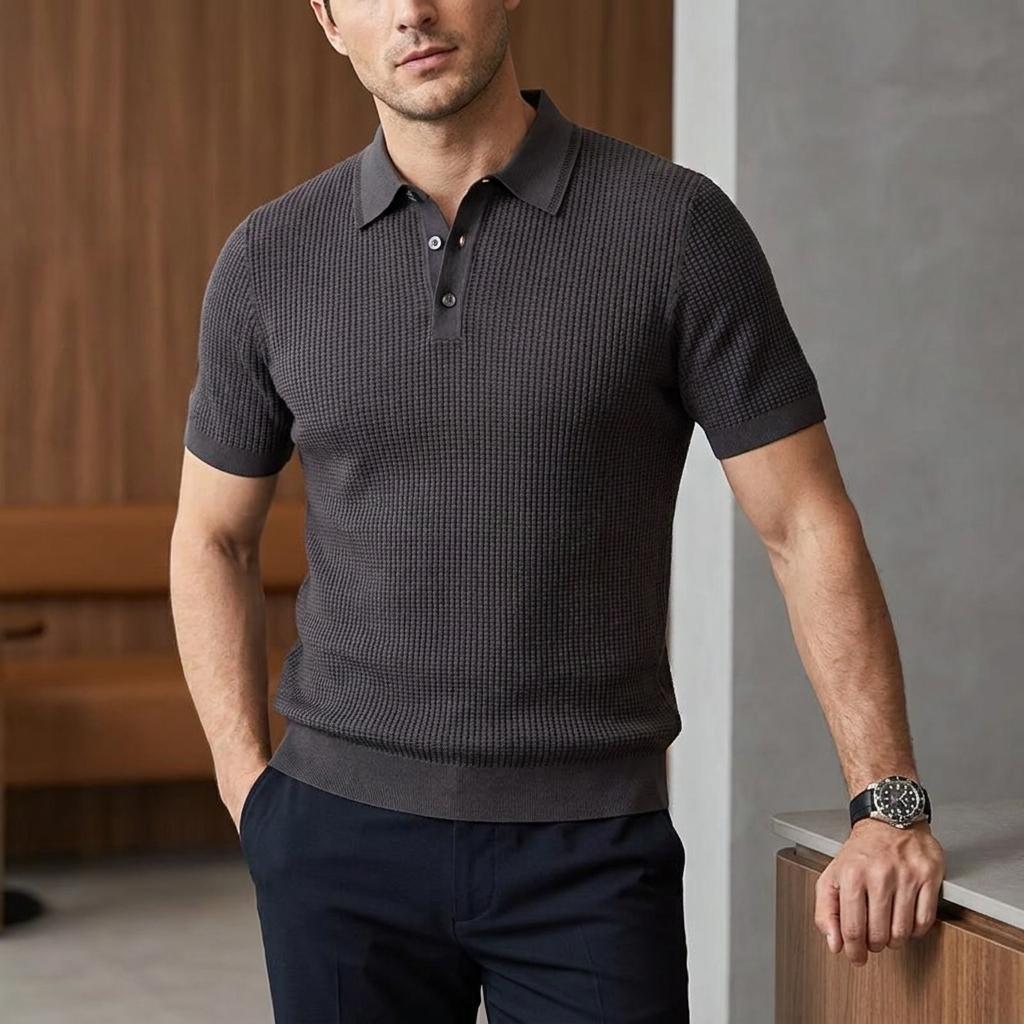 Men's Premium Charcoal Waffle Knit Short Sleeve Polo Shirt