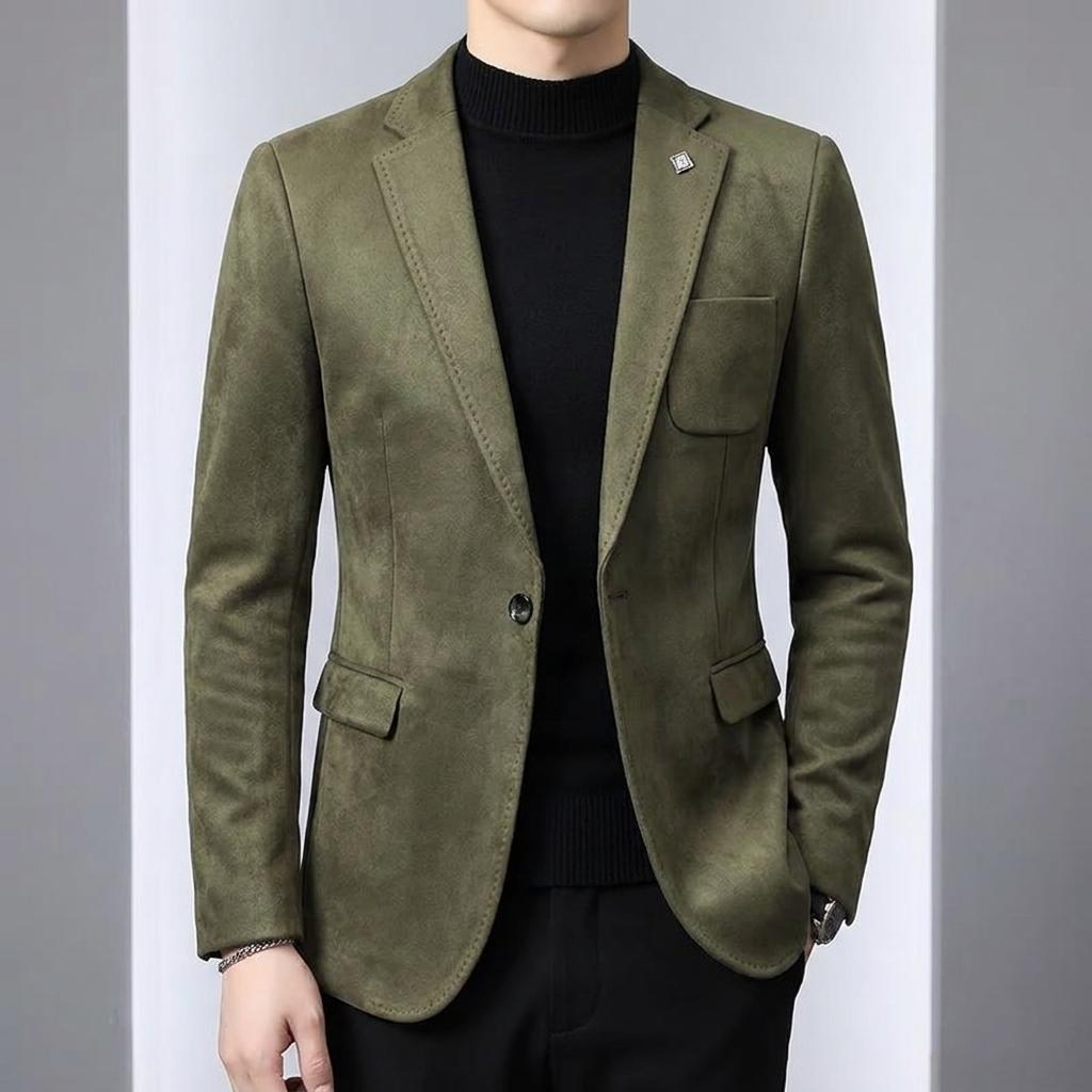 Men's Premium Olive Green Suede Slim-Fit Blazer