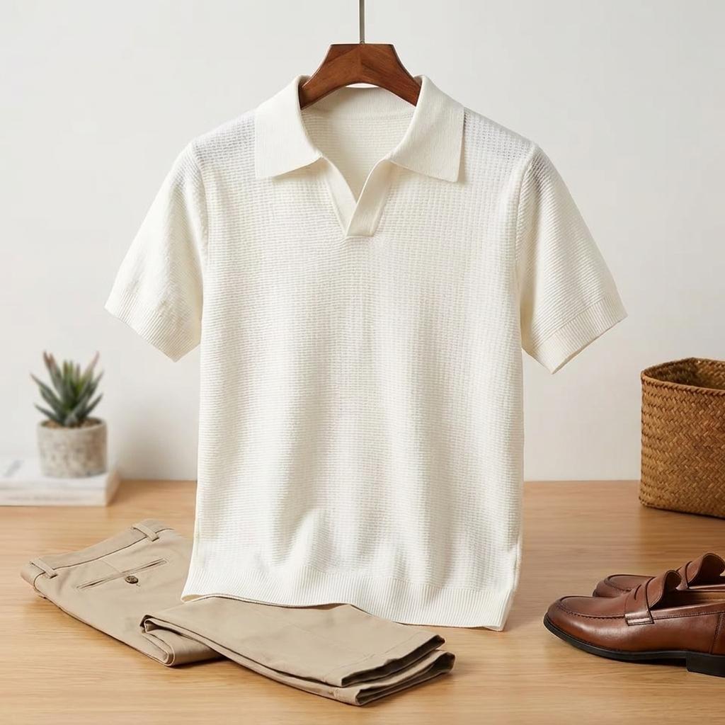 Men's Premium Textured Knit V-Neck Polo Shirt - Classic White Casual Short Sleeve