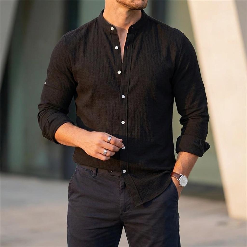 Men's Premium Mandarin Collar Textured Long Sleeve Button-Down Shirt