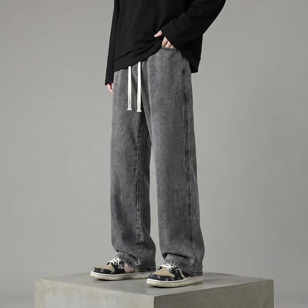 Vintage Washed Grey Wide-Leg Streetwear Drawstring Pants